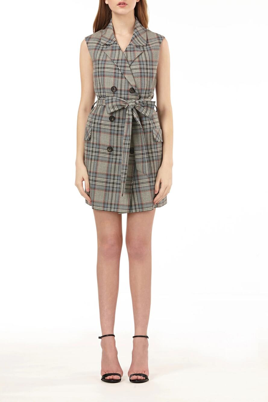 AMUR Dalton Vest Dress Size Small Grey Tartan Plaid Belted Convertible